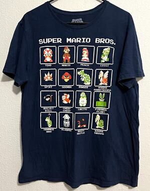 Super Mario Men’s L Navy Graphic Print Crew Neck Short Sleeve Cotton Tee